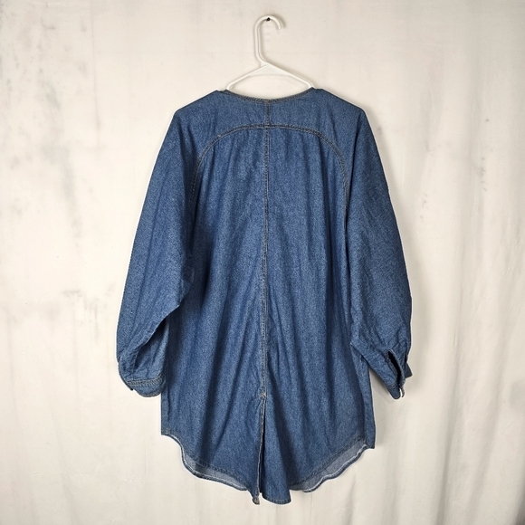 Vintage 80s Denim Floral Embroidered Beaded Button Up Shirt Tunic Mini Dress - Picture 2 of 8